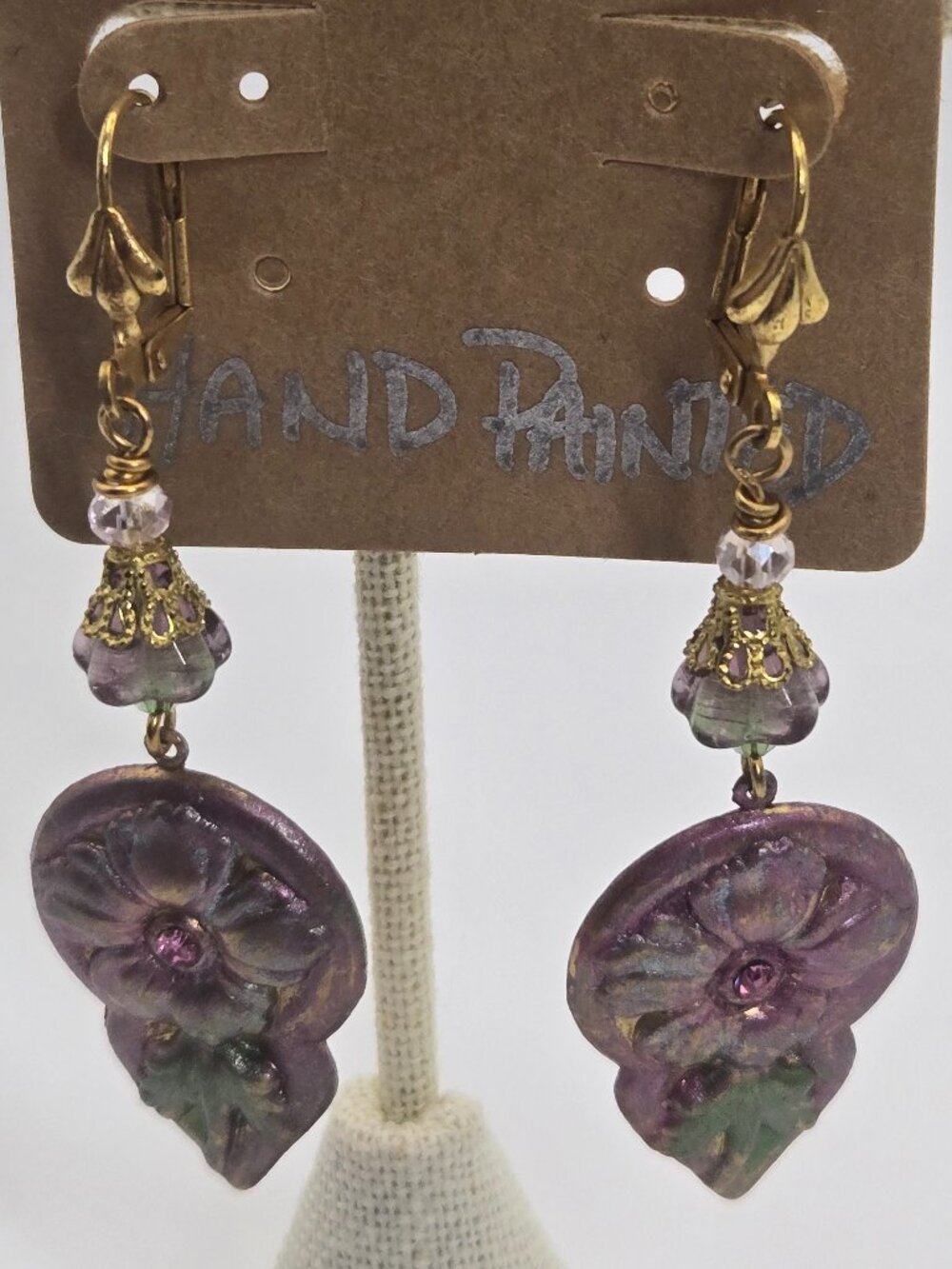 Hand Painted Metal Earrings Floral in Shades of Pink and Green Handmade Item 69
